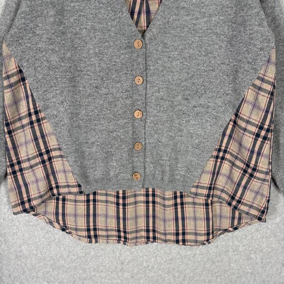 Hem Thread Cardigan Sweater Womens Small Grey Plaid Button Grandpa Grunge Preppy - Picture 4 of 10